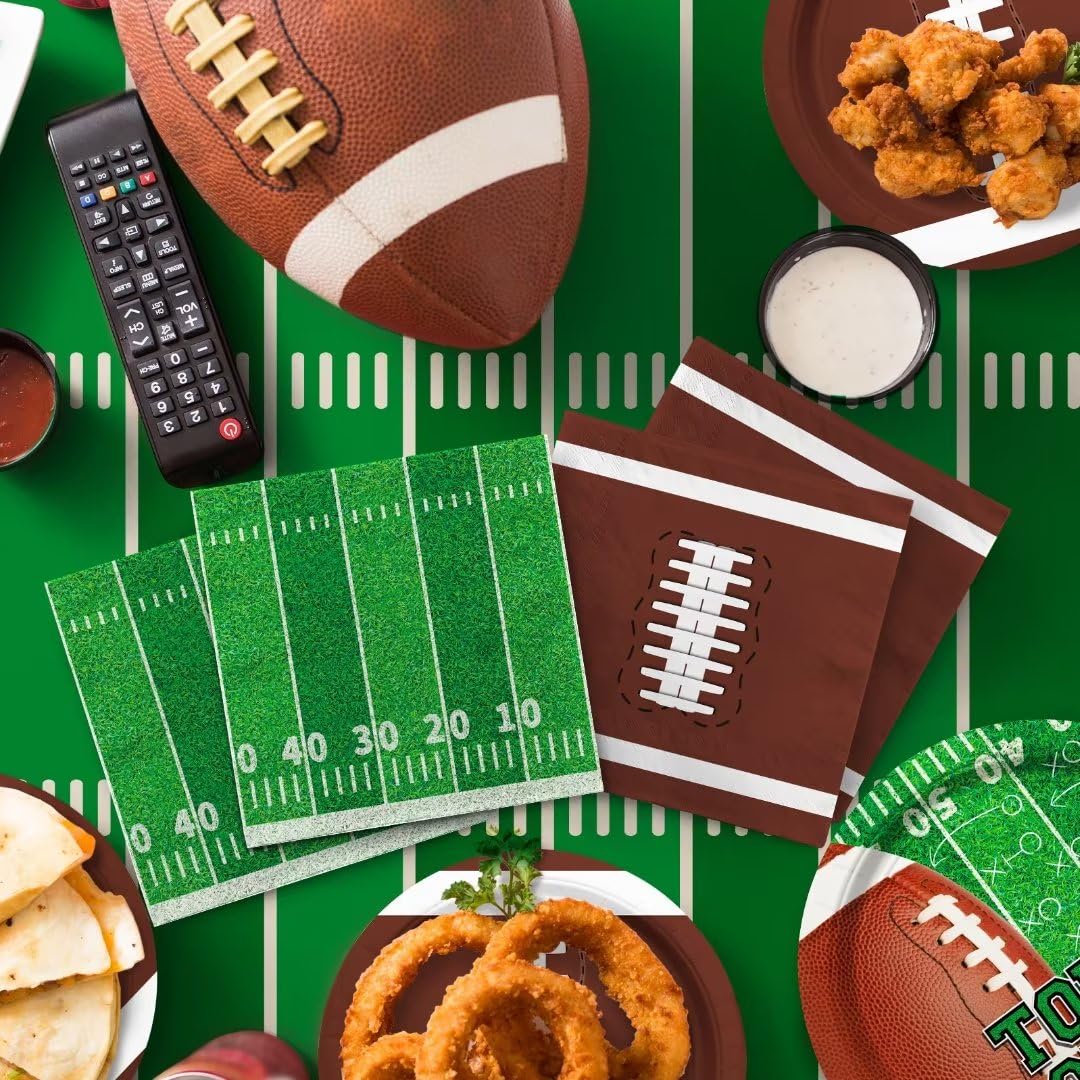 Football Party Supplies Kit Serve 24,Includes Dinner Plates, Dessert Plates, Napkins, Cups,Banner And Touchdown Tablecloth For F