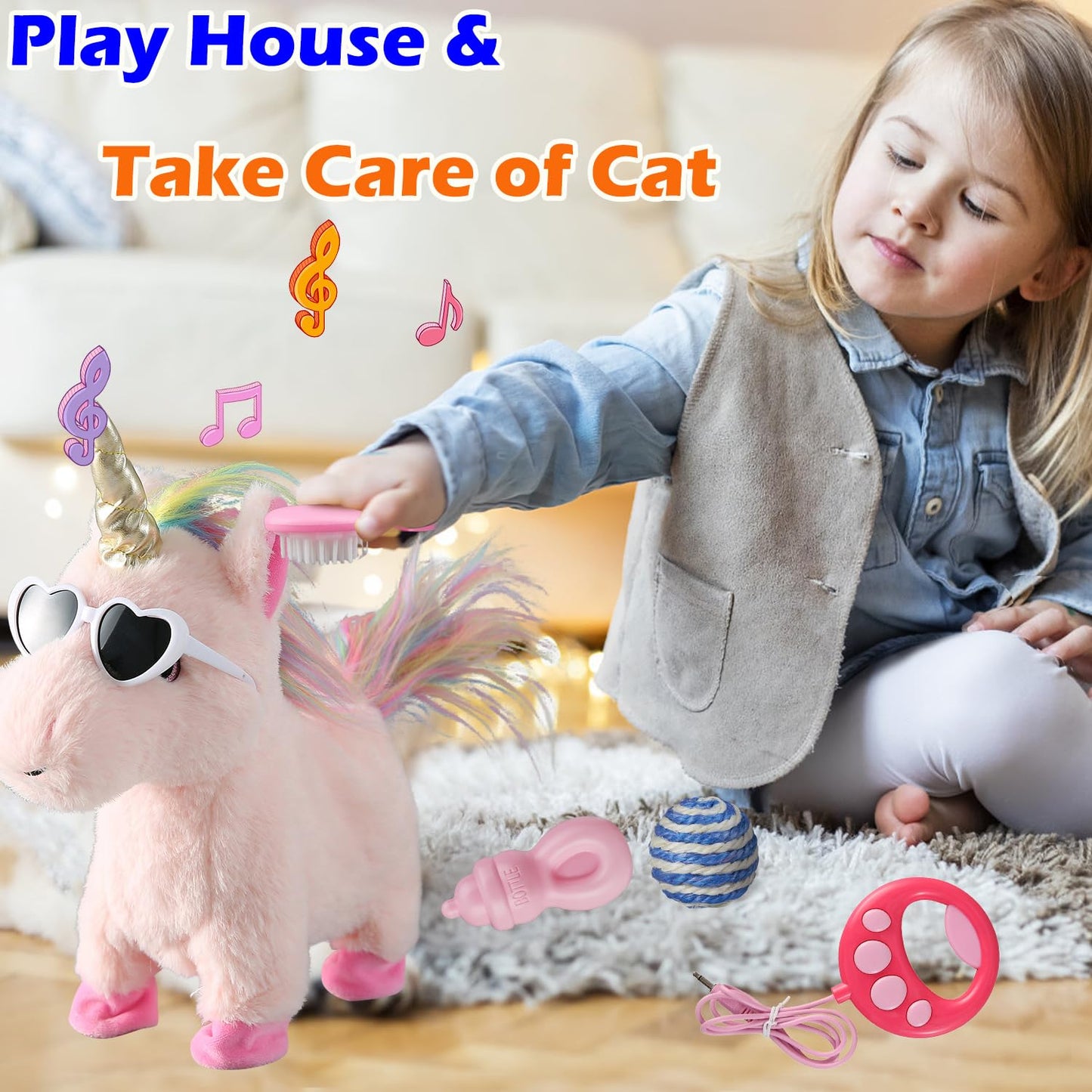 Pink Walking Unicorn Toy Set Singing Dancing Electronic Plush Unicorn With Control Leash, Realistic Footsteps Nodding Tail Wagging Pretend Dress Up Cute Wings Animated Stuffed Unicorn Gift For Girl