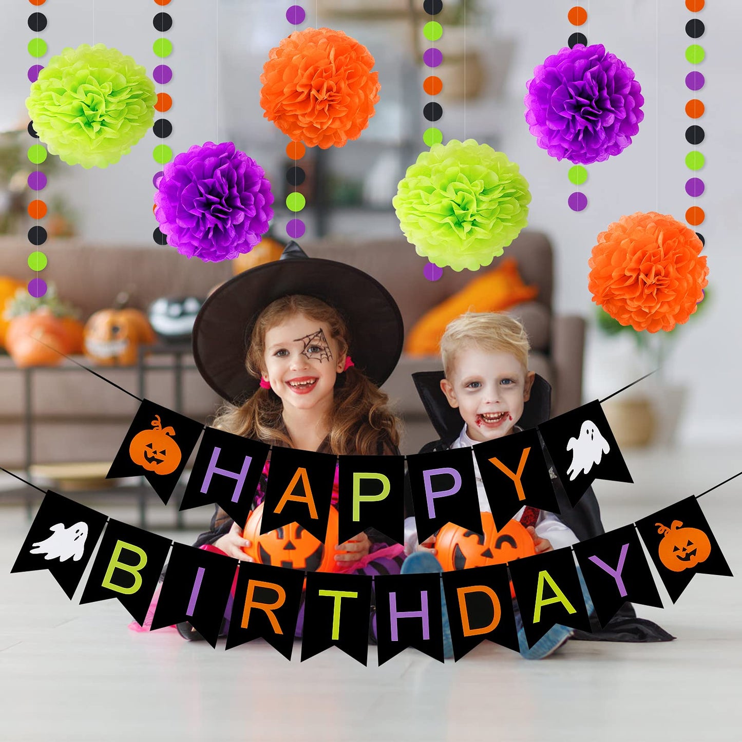Pumpkin Ghost Pom Pom Happy Birthday & Halloween Banner - Flowers, Sign For Themed Party Decorations