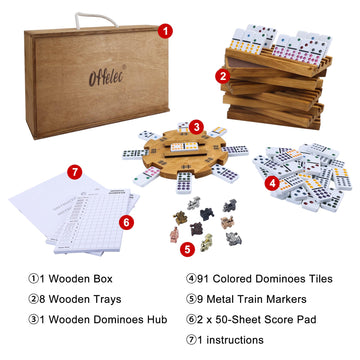 Offelec Mexican Train Double 12 Dominoes Set With Wooden Box, Domino Tile Board Games With 8Pcs Trays, 9 Markers, 91 Tiles, 2 Sc