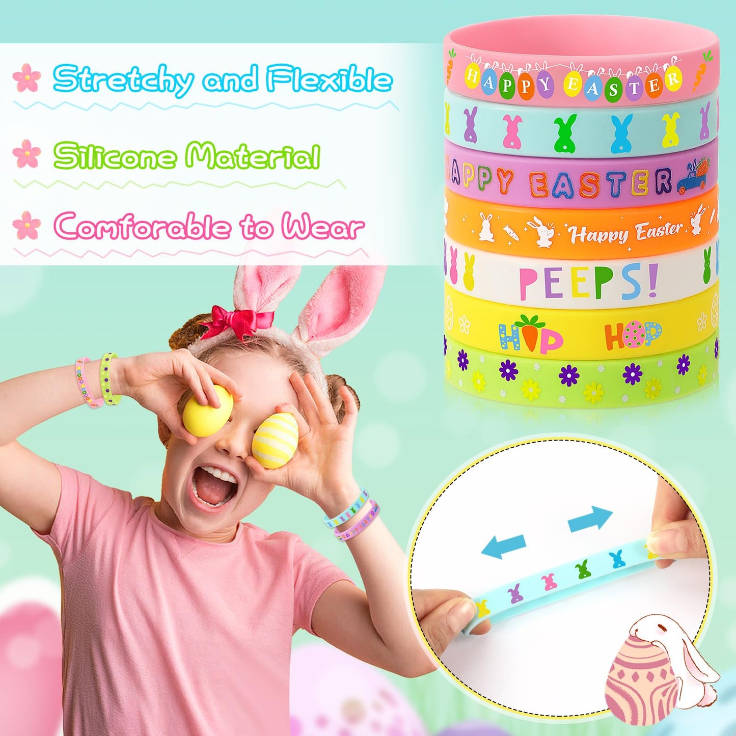 Junebrushs 42Pcs Easter Party Favors Silicone Bracelets Bunny Egg Carrot Chicks Flowers Rubber Wristbands Accessories For Easter Egg Fillers Gifts Basket Stuffers Accessories Party Decorations