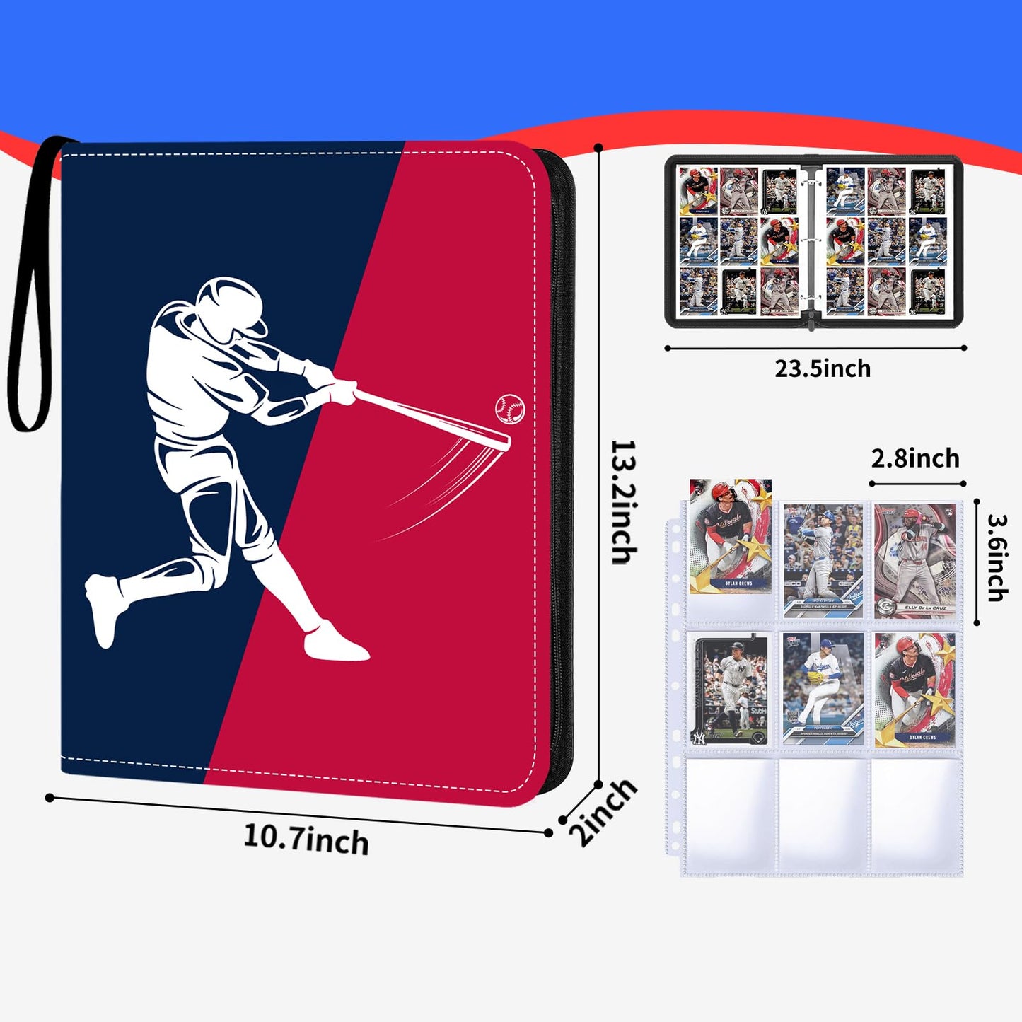 Zeatta Baseball Card Binder 900 Pockets With 50 Removable Sleeves, Zippered Pu Leather Trading Card Organizer Album For Sports C
