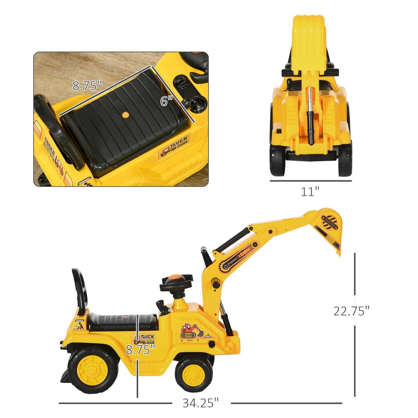 Homcom Ride On Excavator Pull Cart, Kids Digger Ride On Truck With Horn, Under Seat Storage, Sit And Scoot Pretend Play Toy Construction Car For Ages 18M+