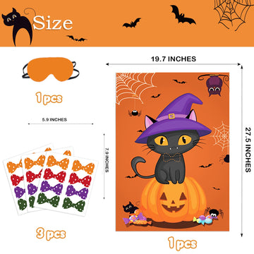 Boramdo Pin The Bowtie On Cat Neck Halloween Party Game For Kids Cat Poster With 24 Pieces Bowtie Stickers And A Blindfold For H
