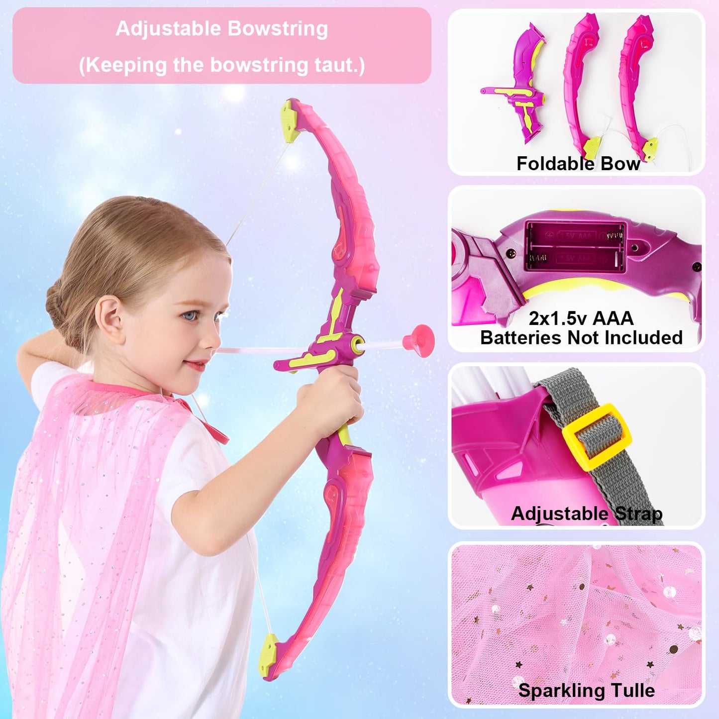 Vgofun Kids Bow And Arrow Set: Led Light Up Archery Toy With Princess Cape And Headband, 10 Suction Cup Arrows, Outdoor Toys Gifts For 3-8 Year Old Girls (Archery Set With Butterfly Mask)
