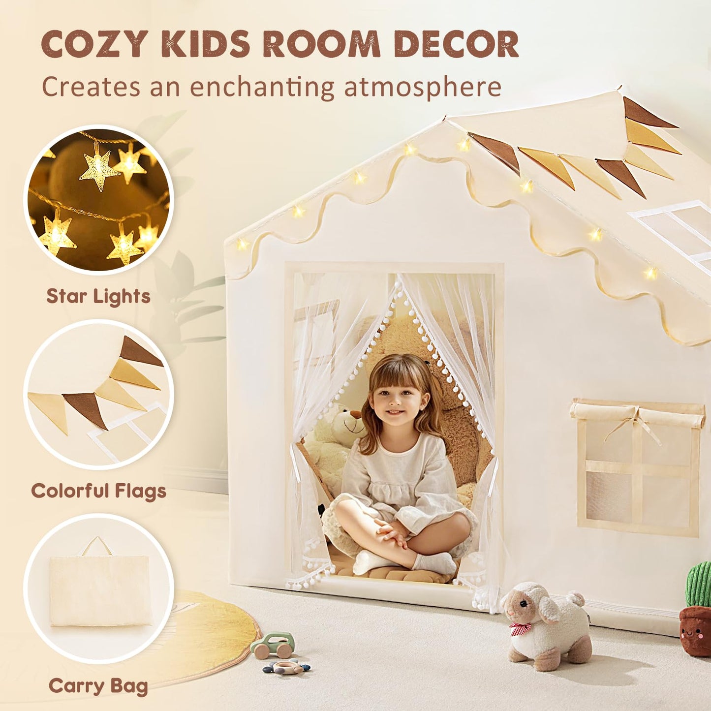 PIIKAGO Kids Play Tent with Mat - Kids Tent Indoor with Star Lights and Flags, Toddler Tent for Kids Ages 3-8, Toddler Playhouse
