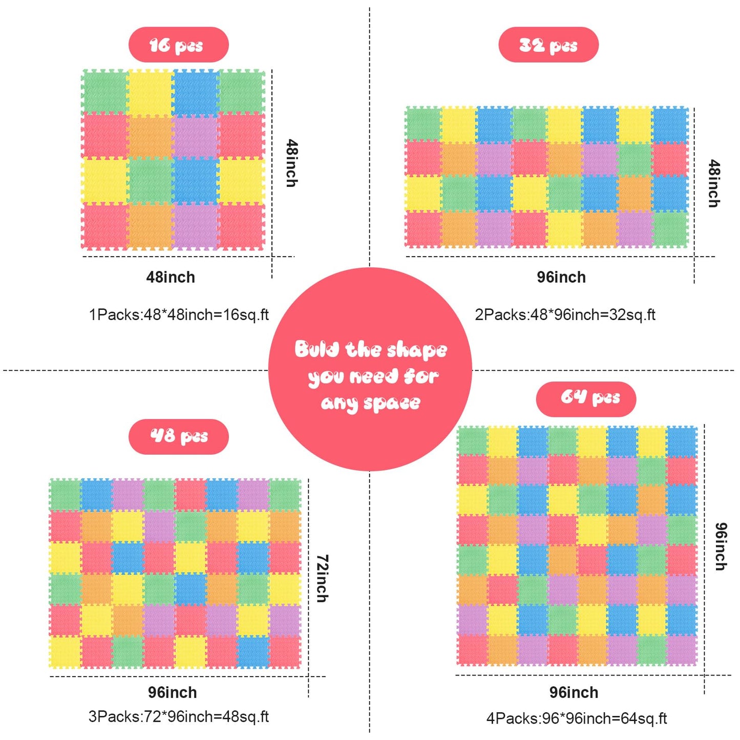 Shihanee Foam Floor Baby Tiles Foam Floor Mats Play Mats Bulk With Borders Interlocking For Kids Baby Playroom Nursery Gym (Colo