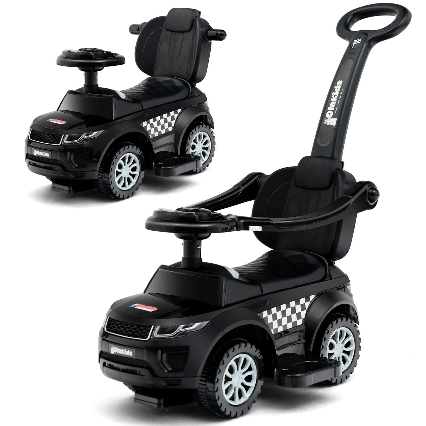 Olakids 4 In 1 Ride On Push Car, Toddlers Stroller Sliding Walking With Horn, Music, Lights, Removable Guardrails And Handle, Underneath Storage, Foot-To-Floor Walker For Boys Girls (Dark)