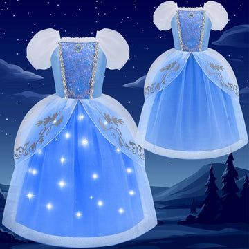 Aolliya Cinderella Light Up Dress for Girls Blue Princess Costumes Fancy Dress Up for Halloween Cosplay Carnival