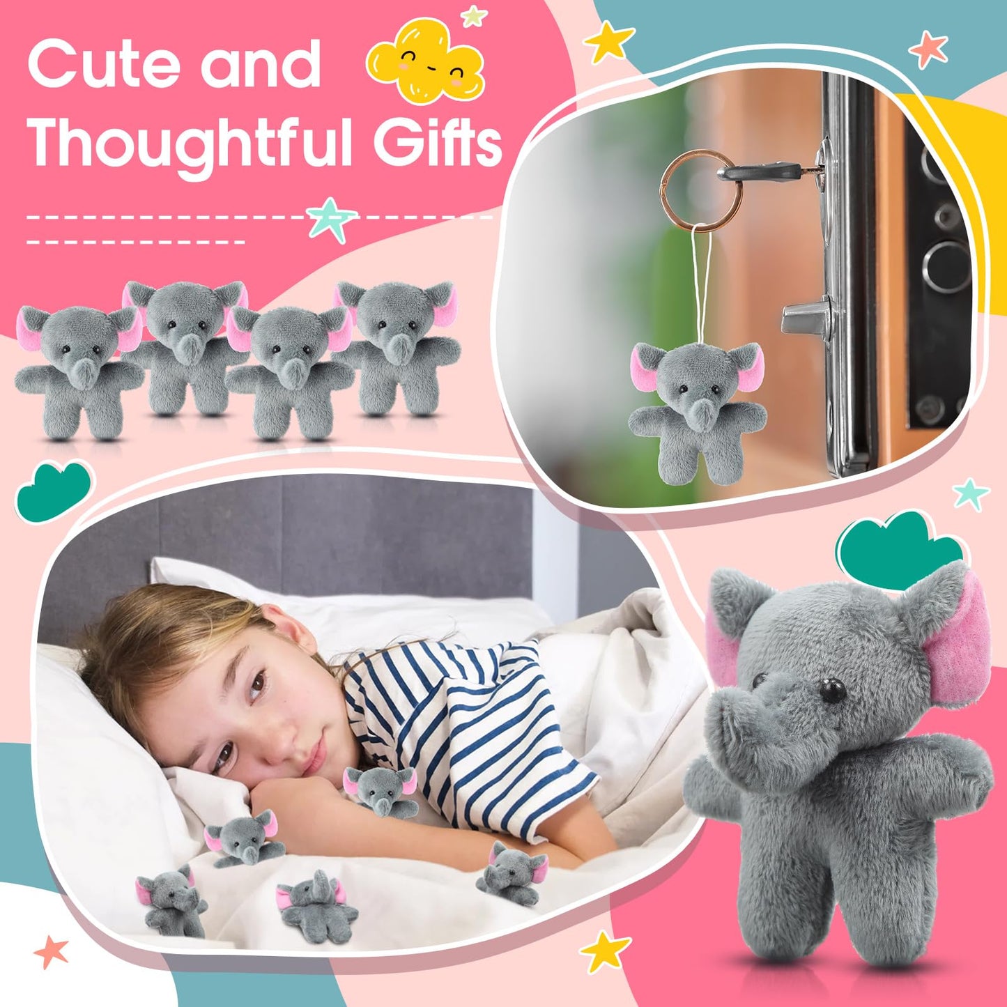 Shappy 50 Pcs Mini Animal Plush Toys Small Stuffed Animals Bulk Cute Tiny Plushies Keychains For Gift Party Carnival Prize(Eleph