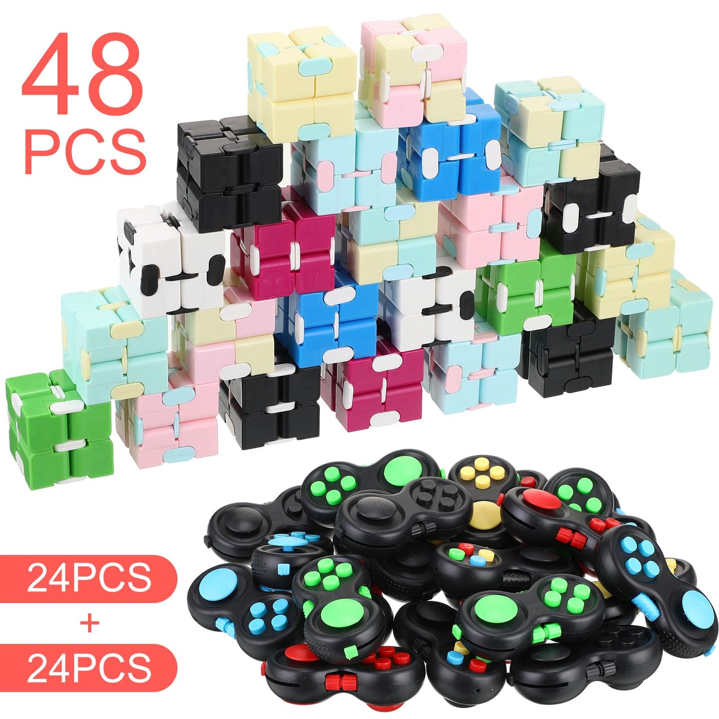 Junkin 24 Pcs Bulk Fidget Pad Controller And Cube Toys Party Favors Mini Blocks Game Controller For Anxiety And Stress Relief Bi