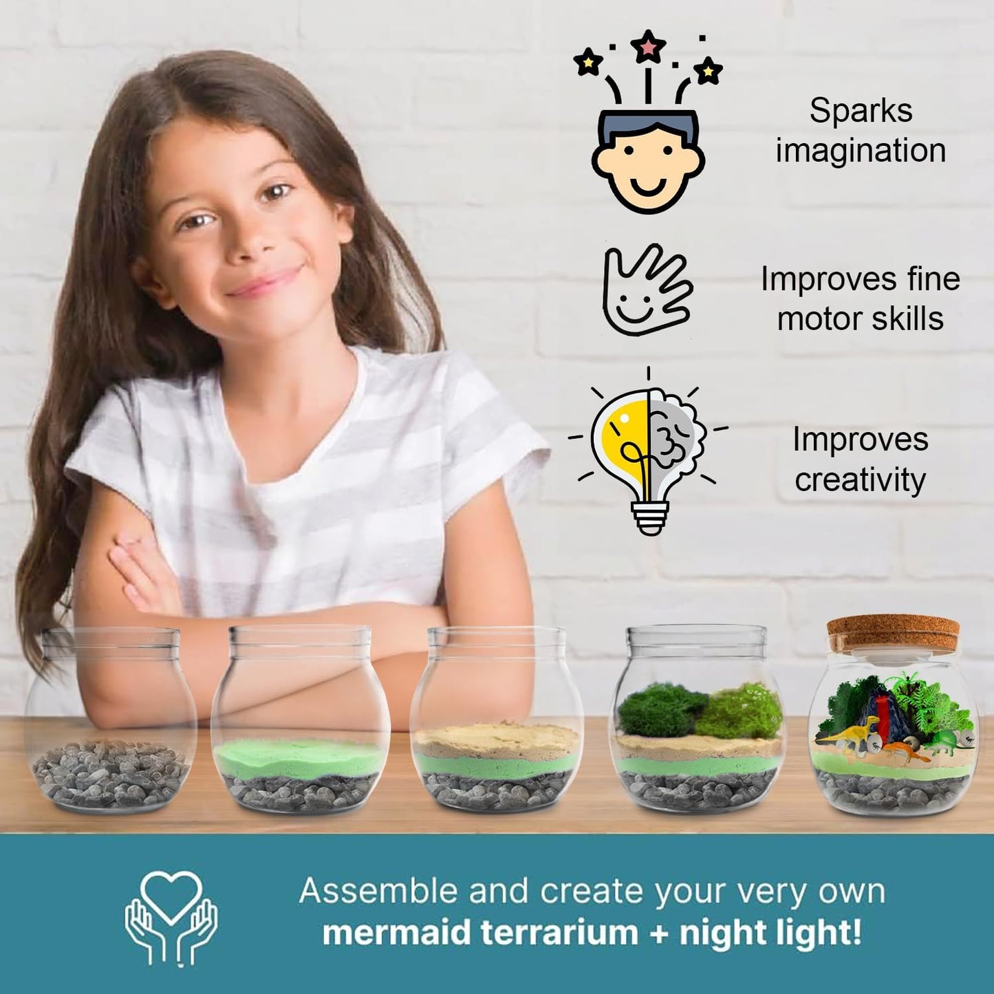Dinosaur Light Up Terrarium Kit For Kids I Dinosaur Toys Craft Kits For Kids I Night Light For Kids Crystal Growing Kit I Terrarium Jar For Kids I Birthday Gifts For Girls Age 5-12