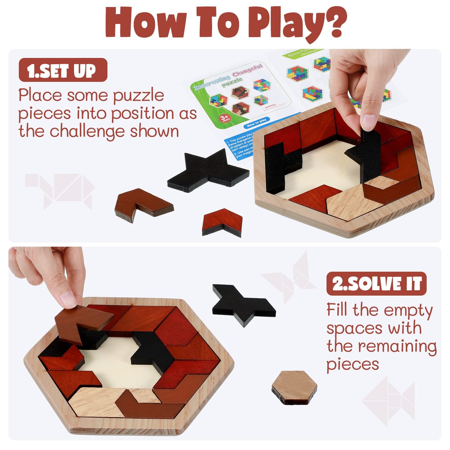 Yunsailing 3 Pack Hexagon Tangram Puzzles - Wooden Brain Teasers in Mixed Wood Tones, Model YUN-HWP-3 for Adults