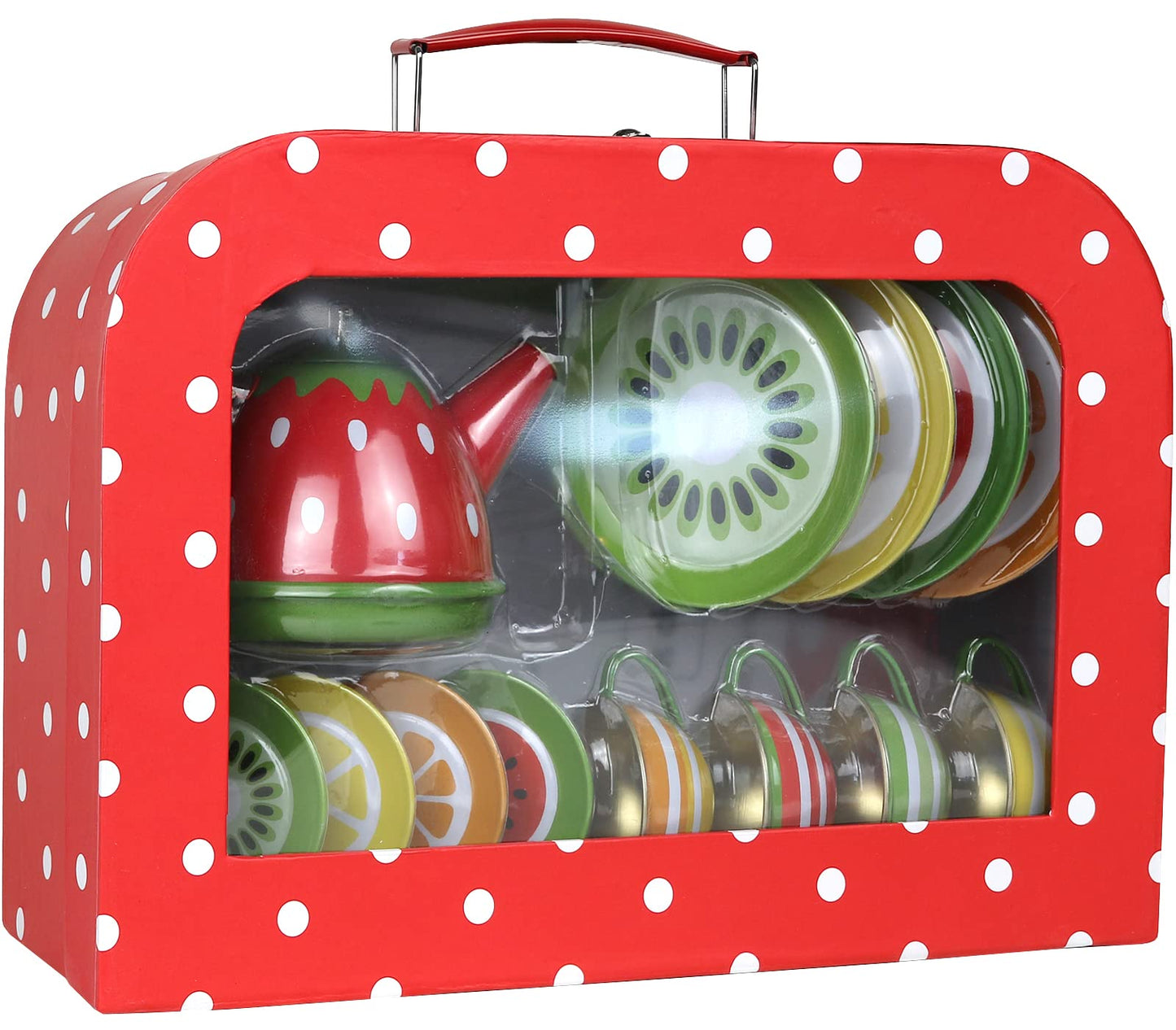 Tea Set for Little Girls, Pretend Play Tea Party Set, Fruit Design Kids Tin Tea Set with Carrying Case (15 Pcs)