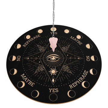 Infunly Witch Pendulum Board Eyes Runes Wooden Dowsing Planchette Board 7.9' Metaphysical Message Board With Pendulum Crystal Necklace For Beginners, Witchcraft Altar Supplies
