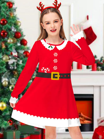Christmas Santa Dress for Girl Long Sleeve Xmas Red Tshirt Dress Unique Ugly Swing Dresses 5-6 Years