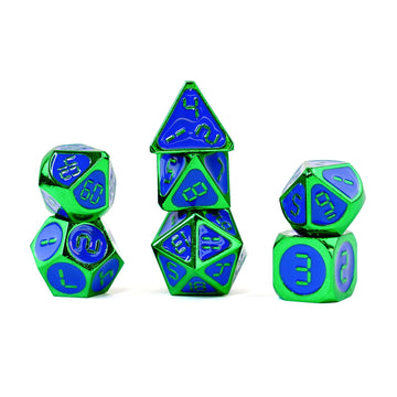 FanRoll by Metallic Dice Games 16mm Metal Polyhedral DND Dice Set: Green w/Blue Enamel, Role Playing Game Dice for Dungeons and