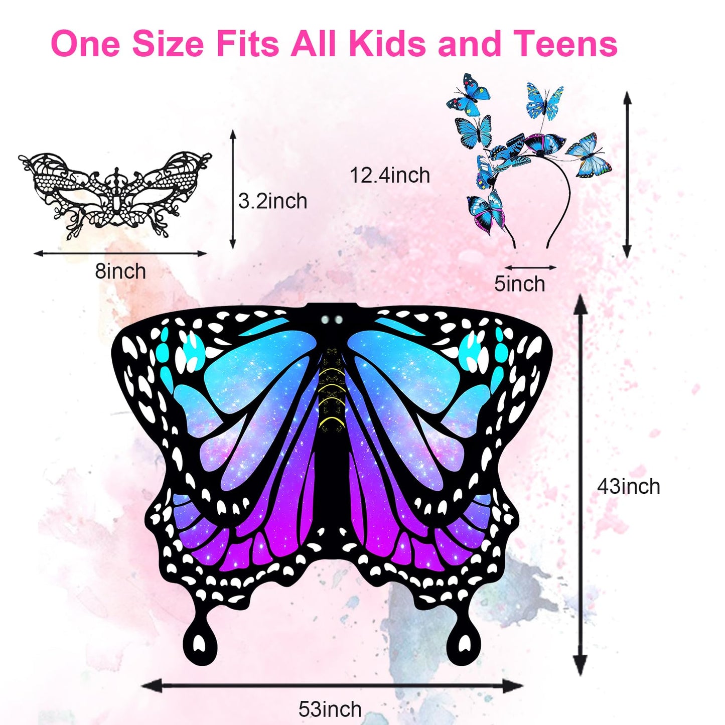Rektak Butterfly Wings For Girls, Butterfly Costume For Halloween Party Kids Fairy Wing With Mask And Headband(Purple Blue-1)