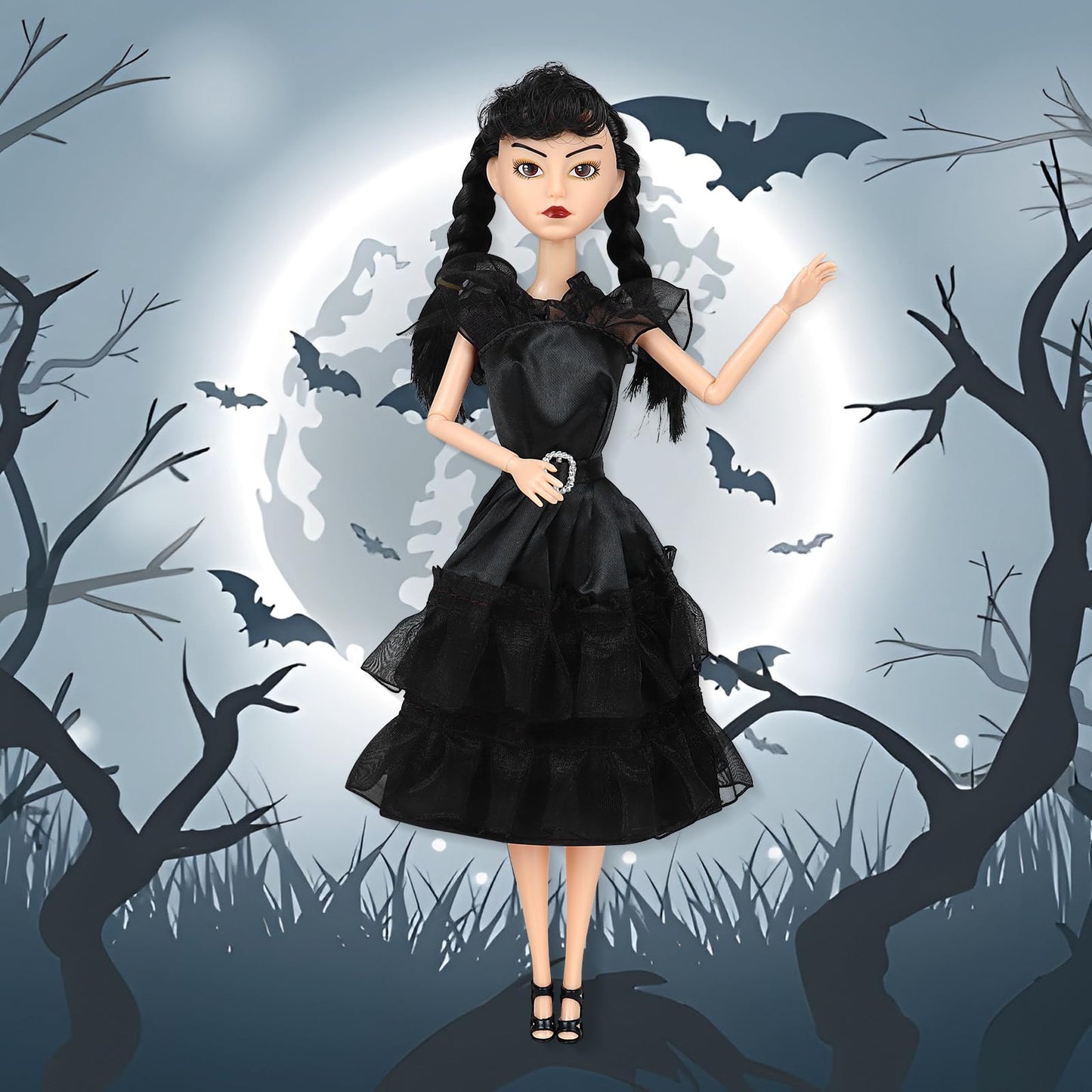 Dbywiub 11.5'' Girls Black Doll, Black Dress, Black High Heels, And Black Hair, Gift For Girls & Fans