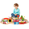Qilay 69 Pcs Wooden Train Set -Premium Wood Train Tracks & Trains Toys For Toddlers 3,4,5 Years Old, Expandable Train Toys Railway Kits For Girls Boys, Fit All Major Bands Train Tracks Set