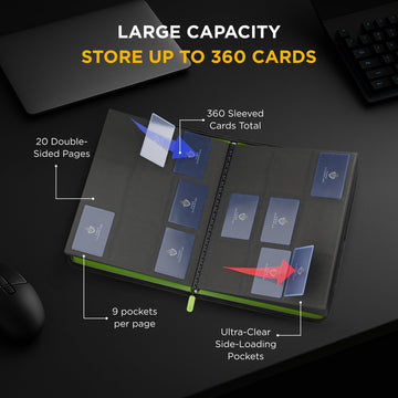Card Guardian - 9 Pocket enhanced Binder with Zipper for 360 Cards Trading Card Games TCG (Lime Green) - Side Loaded Pockets - Compatible with Yugioh Cards MTG Binder Sports Card Binder