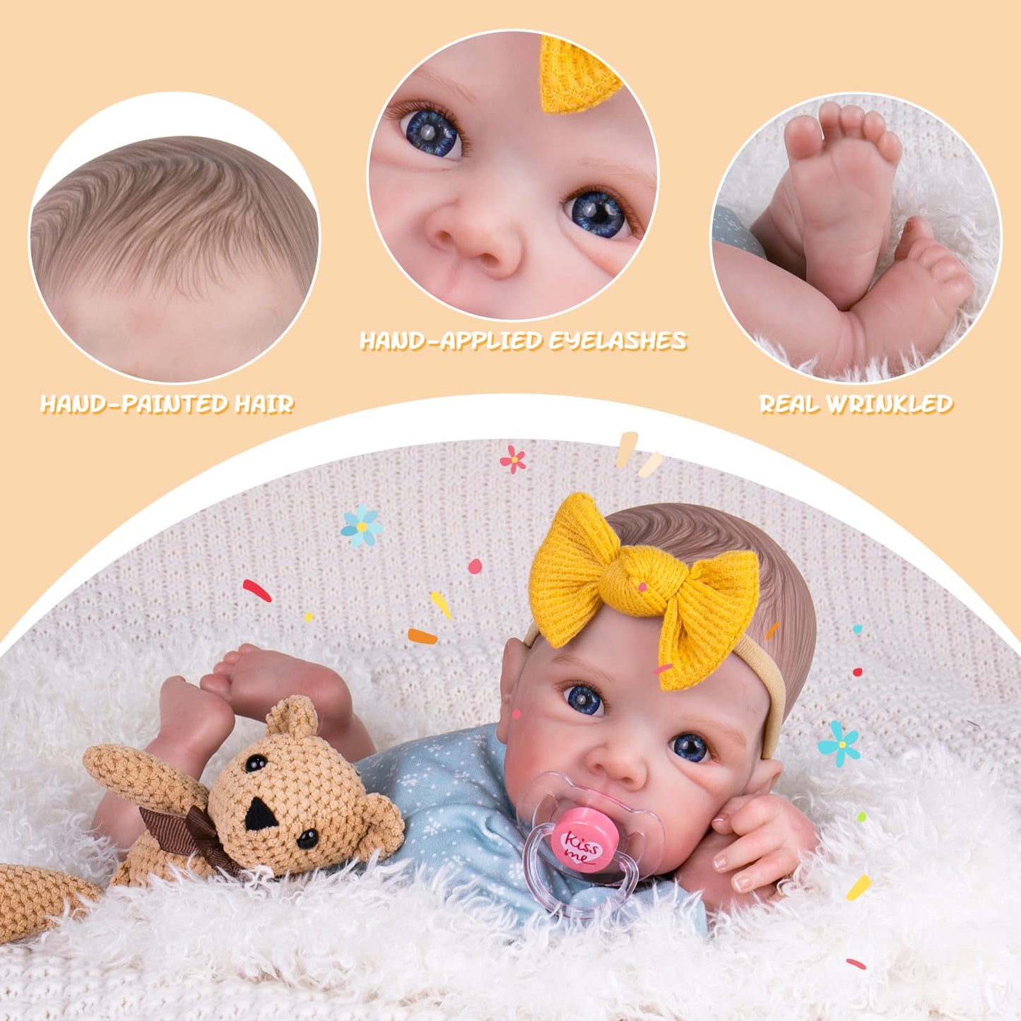 Aori Reborn Baby Dolls Girl - 20 Inch Realistic Handmade Cloth Body Newborn Baby Doll with Blue Eyes & Hand-Painted Hair Weighte