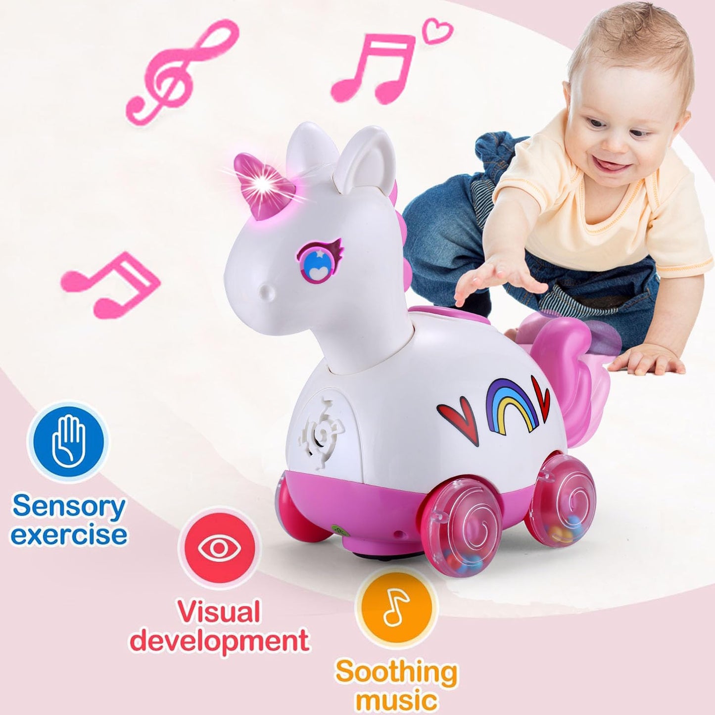 Wanonoo Unicorn Baby Toys 6-12 Months - Press & Go Musical Light Infant Baby Crawling Baby Toys 12-18 Months, Tummy Time Toys Fo