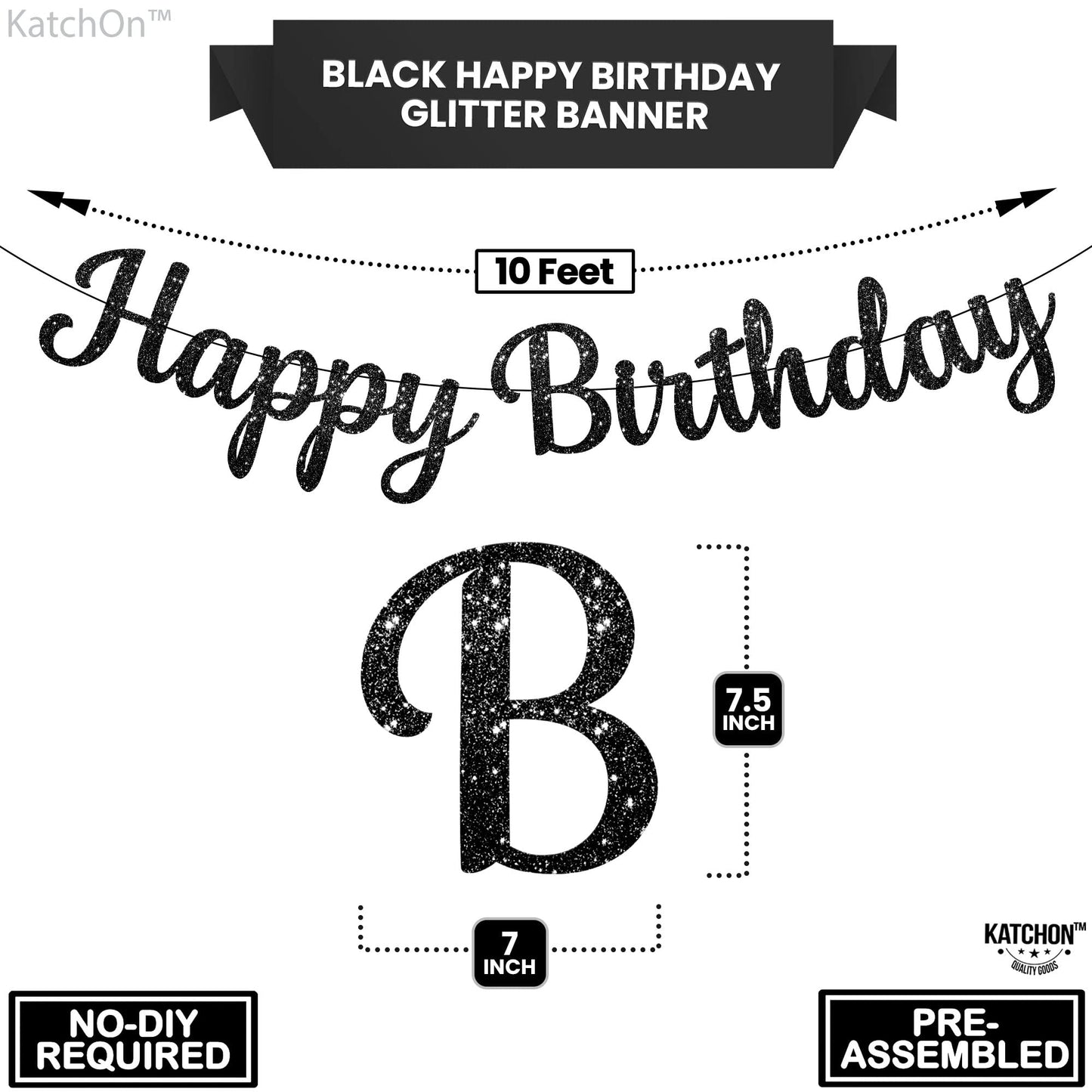 Katchon, Cursive Glitter Black Happy Birthday Banner - Pre-Strung, 10 Feet, No Diy | Black Birthday Party Decorations | Black Happy Birthday Sign Girls, Black Happy Birthday Decorations For Women