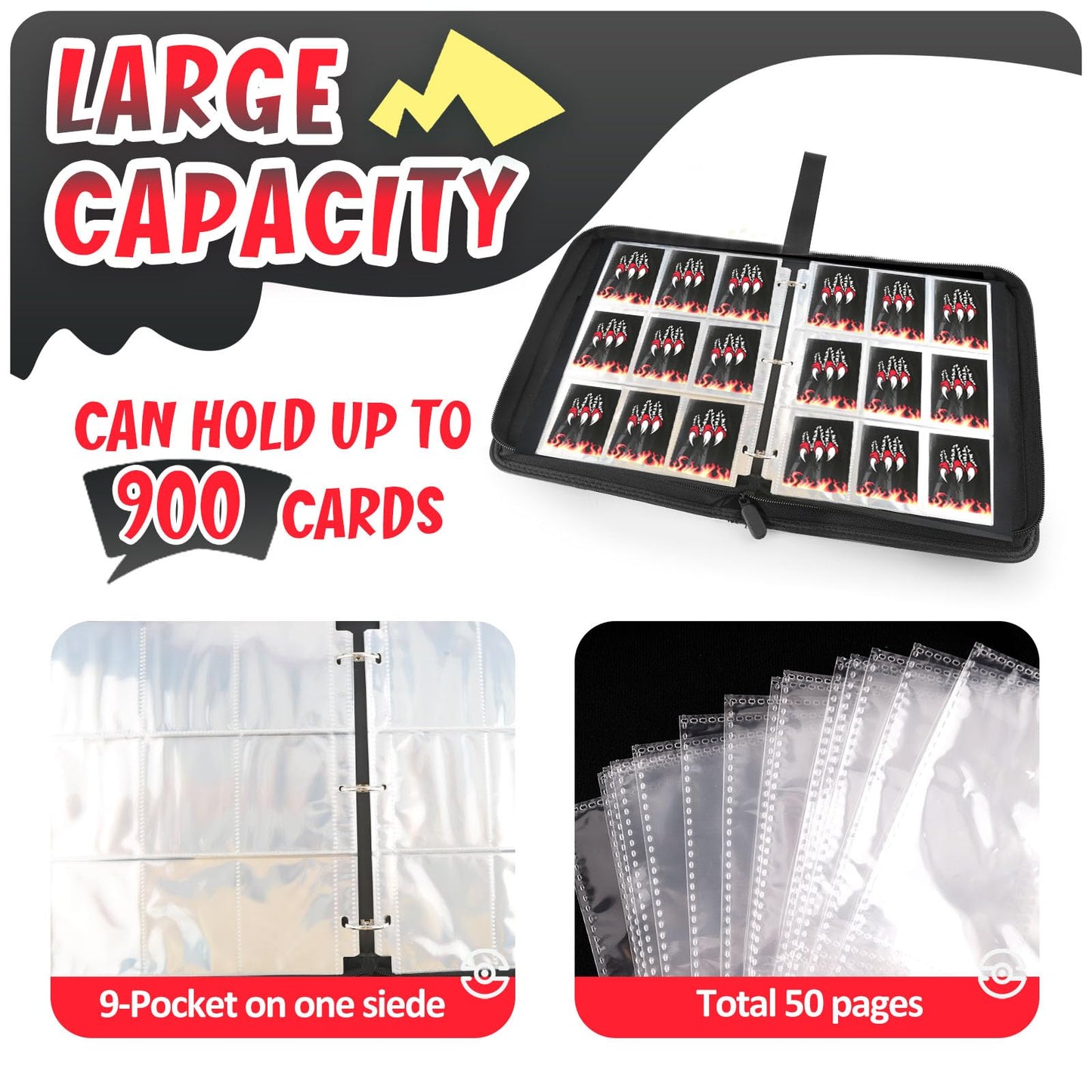 Goroma Card Binder 9-Pockets, 900 Pockets Card Holder With 50 Removable Sleeves, Trading Card Collector Zipper Album Holder - Bl