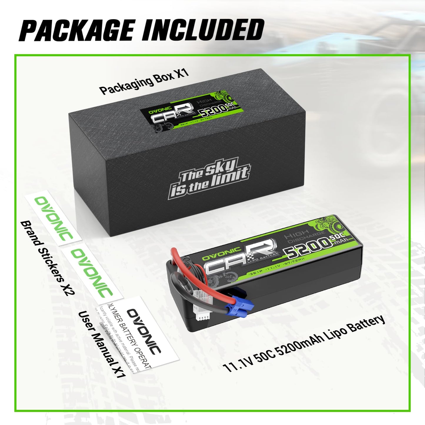 OVONIC 3S 5200mAh Lipo Battery 50C 11.1V EC5 Connector for RC Cars and Trucks