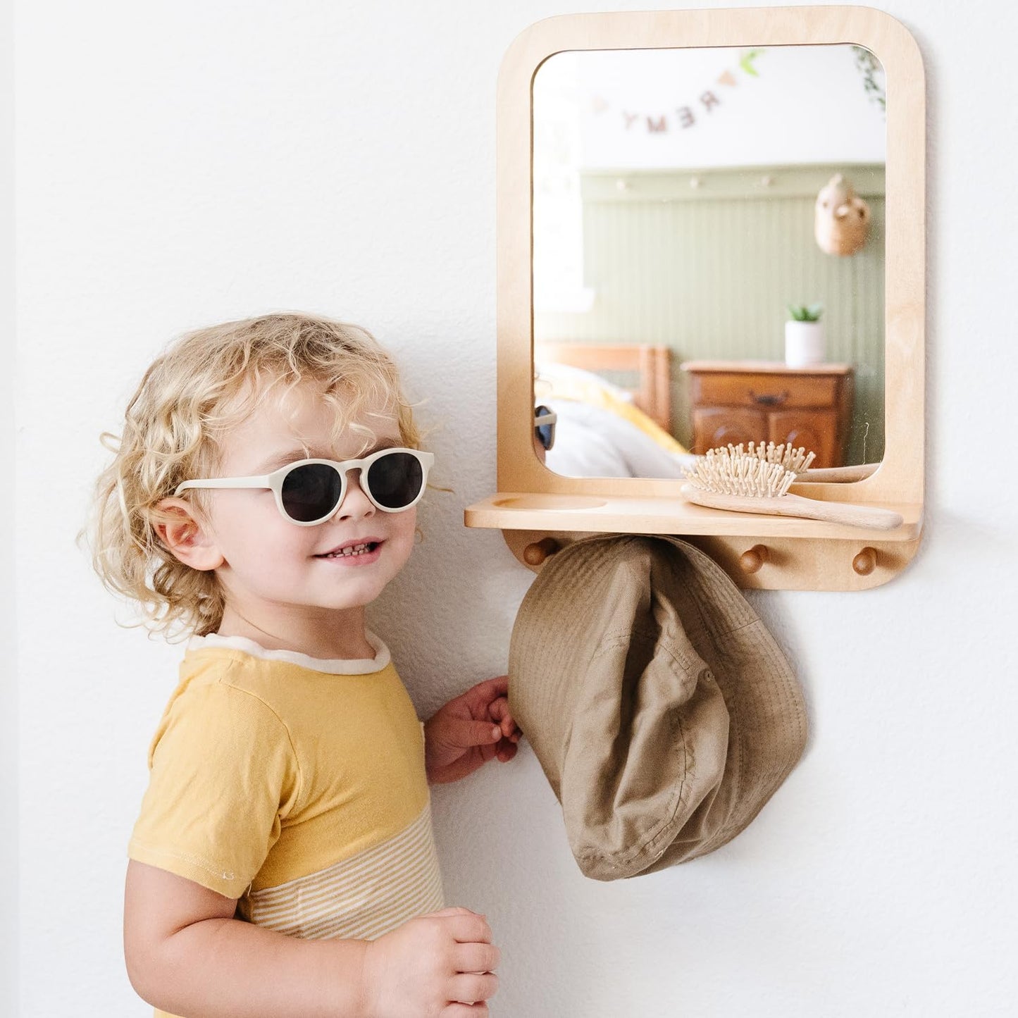 Montessori Wooden And Acrylic Wall Mirror With Hooks For Toddlers - Entryway Mirror With Hooks And Shelf Organizer Self-Care Sta