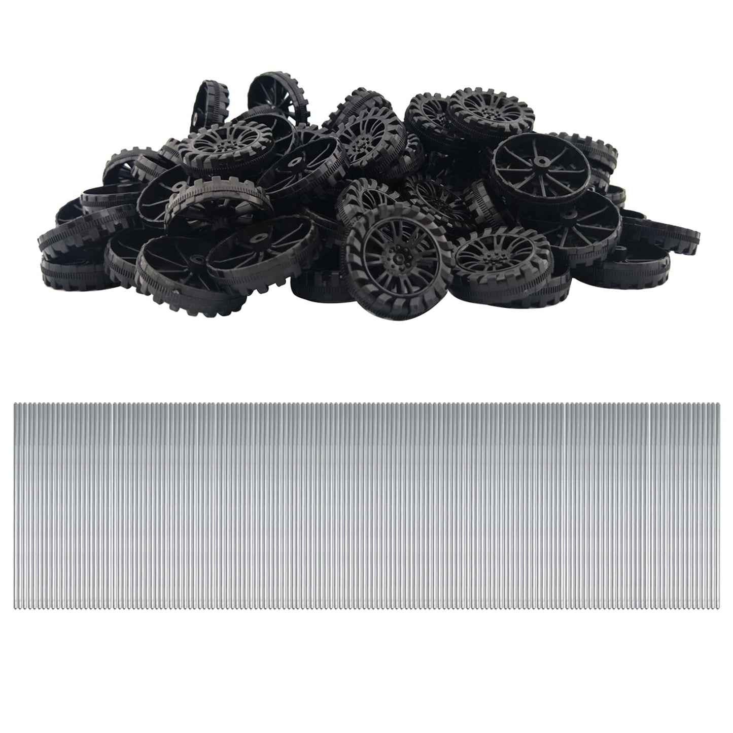 Eudax 300 Pcs 30Mmx8Mm Plastic Roll 2Mm Dia Shaft Toys Wheel And 2Mmx100Mm Stem Shaft Round Rod Axles For Diy Toy Rc Car Truck Boat Helicopter Model Part Building Projects (Black)