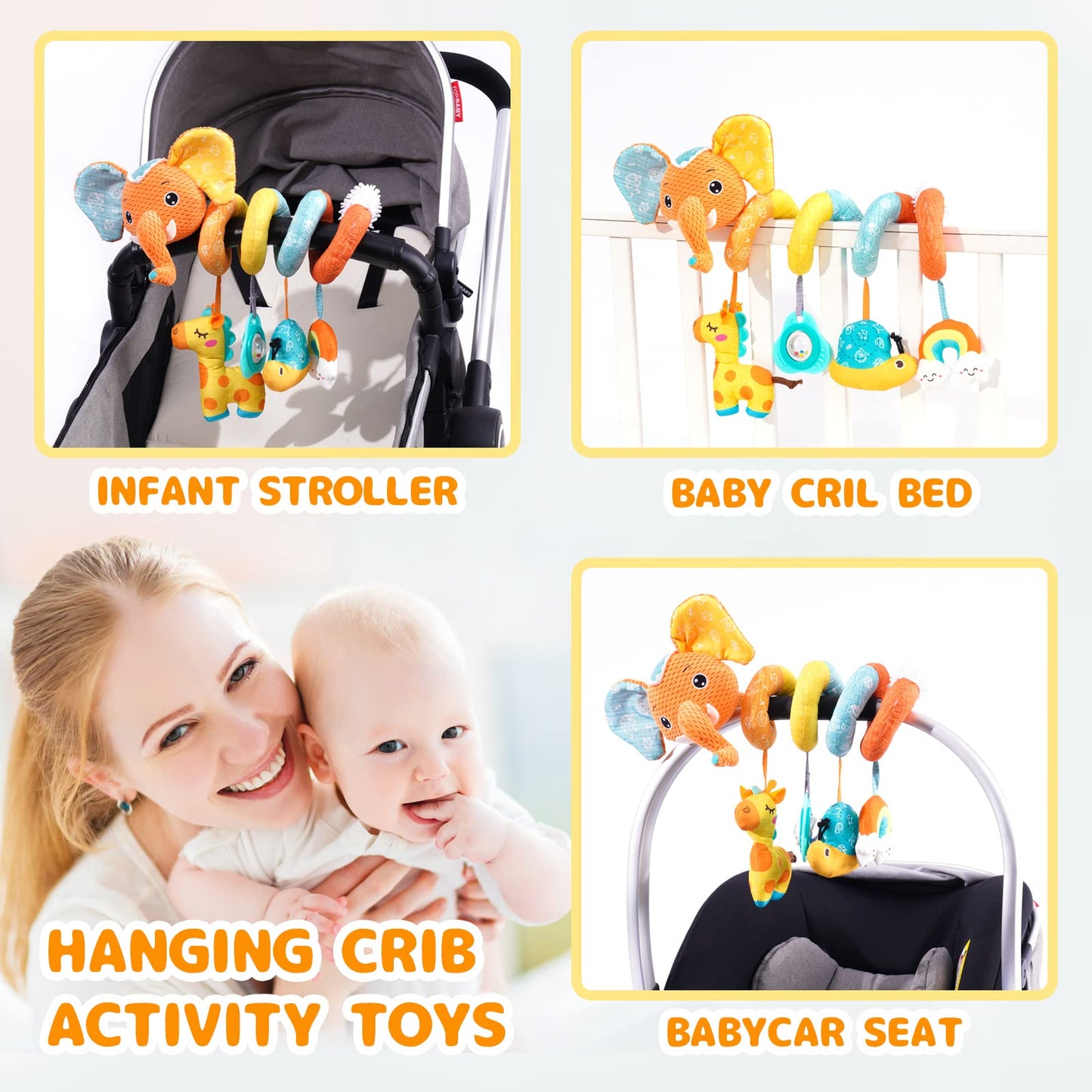 Koty Car Seat Toys, Spiral Car Seat Toy For Infant, Baby Stroller Toys Hanging Crib Activity Toy For Car Seat Crib Bed Stroller, Rabbit Hanging Rattle Toys For Babies 0-6 Months (Orange Elephant)