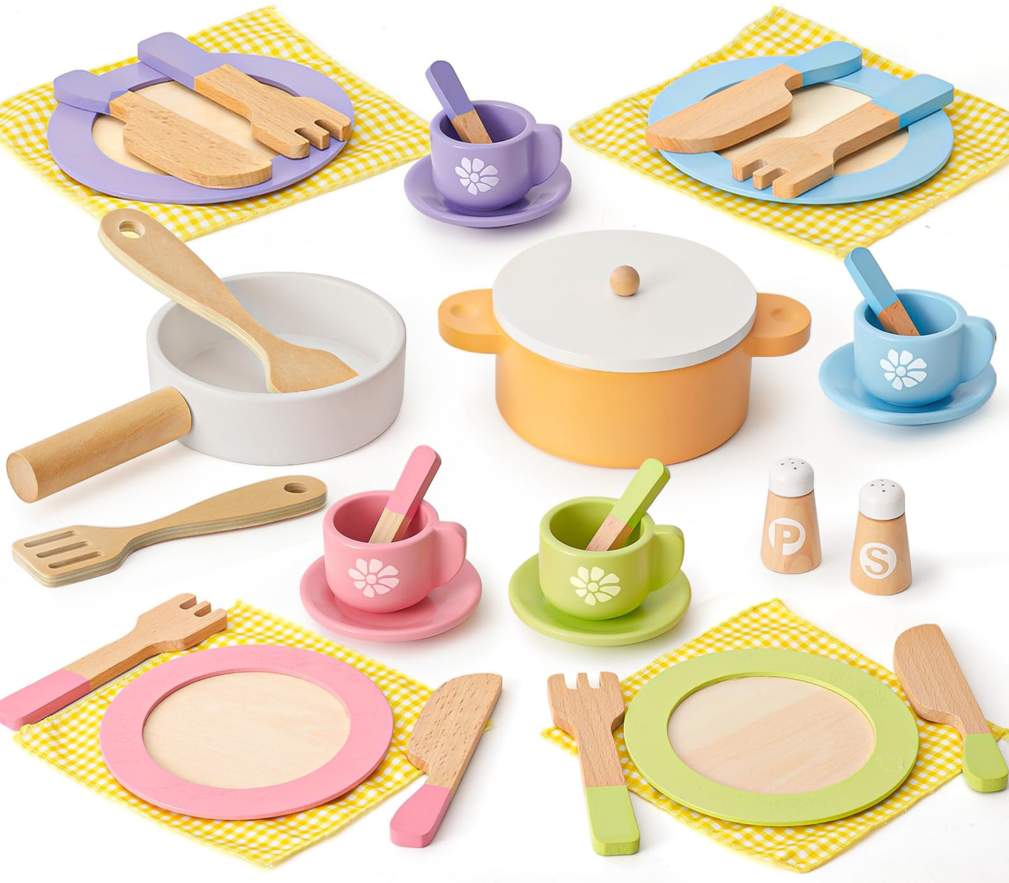 Toyssa 34 PCS Wooden Play Dishes and Plates Kitchen Set Toys for Toddler, Kids Play Kitchen Accessories with Pan & Tableware, Mo