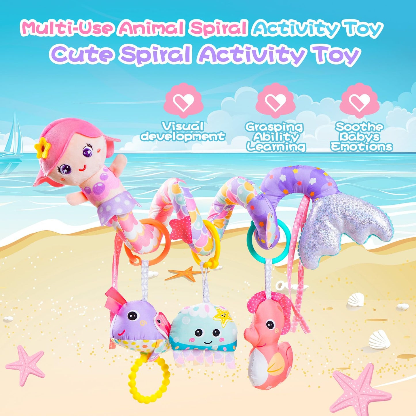 Koty Carseat Toys Hanging, Pink Mermaid Stroller Toys For Babies 0-6 Months, Baby Car Seat Toy With Crinkle, Teether, Music Box,