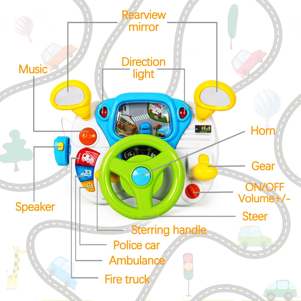 Fisca Toddler Steering Wheel Toy Baby Interactive Learning Toy For Toddler 1-3 Year Old, My First Driving Educational Baby Musical Toy With Light And Sound For Preschool Kids