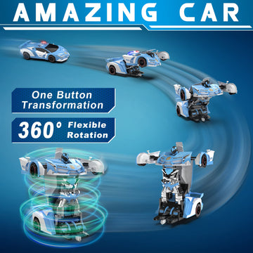 FDJ RC Cars - Transform Remote Control Car, 2.4Ghz 1:18 Scale Transforming Police Car Toy with Flashing Light, One Button Deform