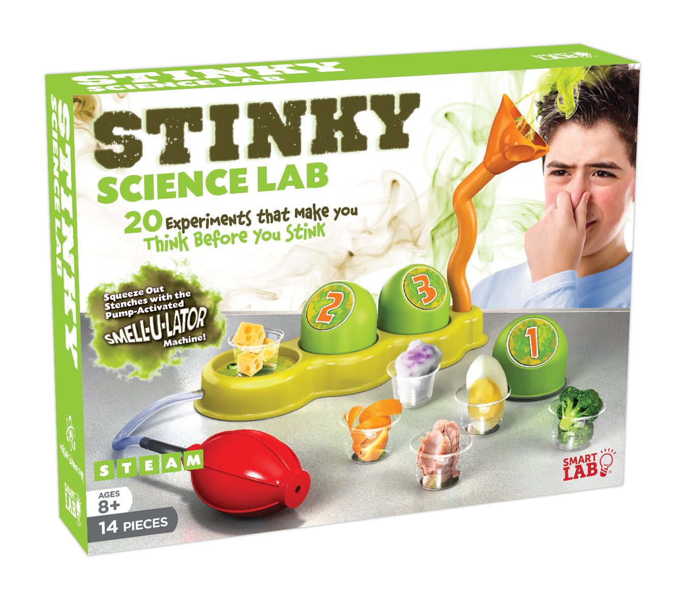 Smartlab Toys Stinky Science Lab - 14 Pieces - 20 Stinky Experiments - Includes 24-Page Activity Book & Pump-Activated Smell-U-Lator