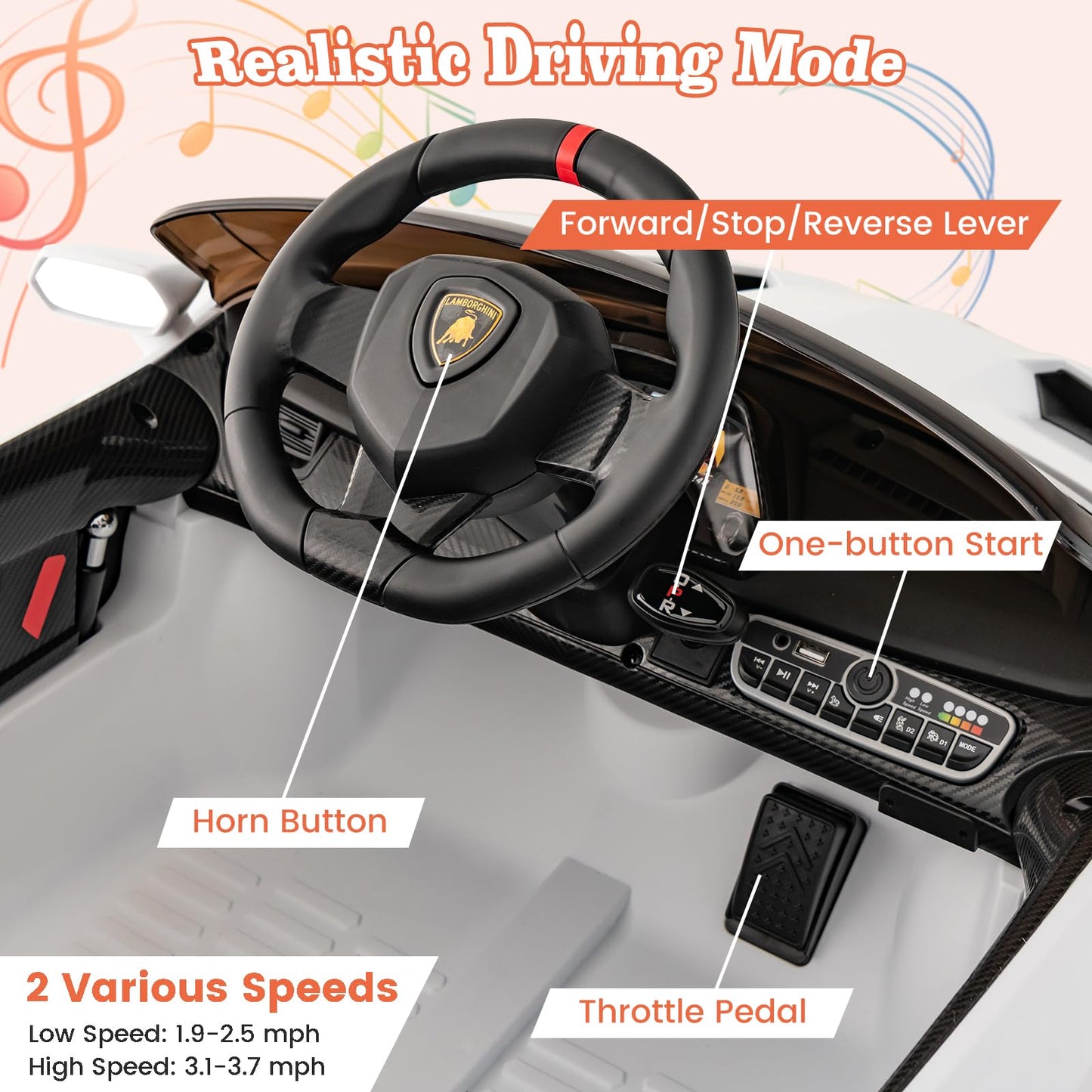 Costzon Ride On Car, Lamborghini Licensed 12V Battery Powered 4Wd Sports Car With Remote Control, 3 Speeds, Hydraulic Doors, Led