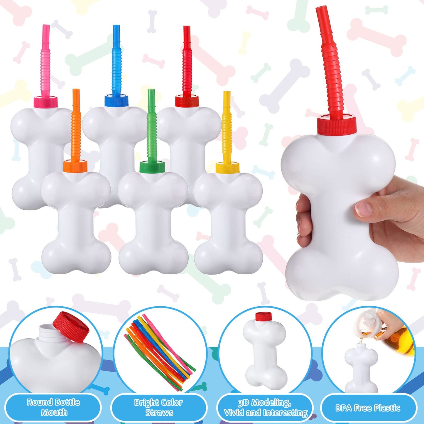 Eaasty Dog Bone Cups With Straws And Lids 10Oz Party Supplies Dog Puppy Party Favor Cups Plastic Reusable Dog Bone Shaped Cups S