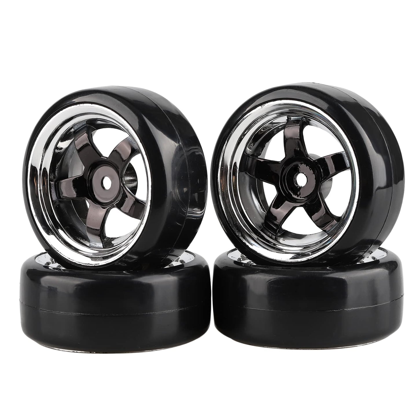 Shaluoman 5-Spoke 12mm Black Hub Wheel Rims with Hard Plastic Tires for 1:10 RC Drift Cars, Compatible with Redcat HSP HPI