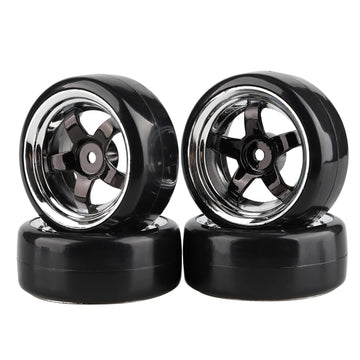 Shaluoman 5-Spoke 12mm Black Hub Wheel Rims with Hard Plastic Tires for 1:10 RC Drift Cars, Compatible with Redcat HSP HPI