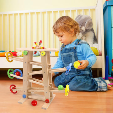 Qilay Wooden Wooden Race Track Toddler Toys For 1-3 Year Old Boy And Girl, Wooden Car Ramp Racer Toy Vehicle Set With 4 Balls &