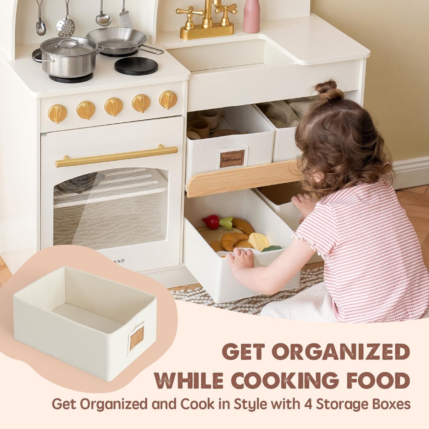 Tiny Land Play Kitchen for Kids, Wooden Play Kitchen with Toy Storage System, Toy Kitchen Set with Plenty of Play Features, Kids