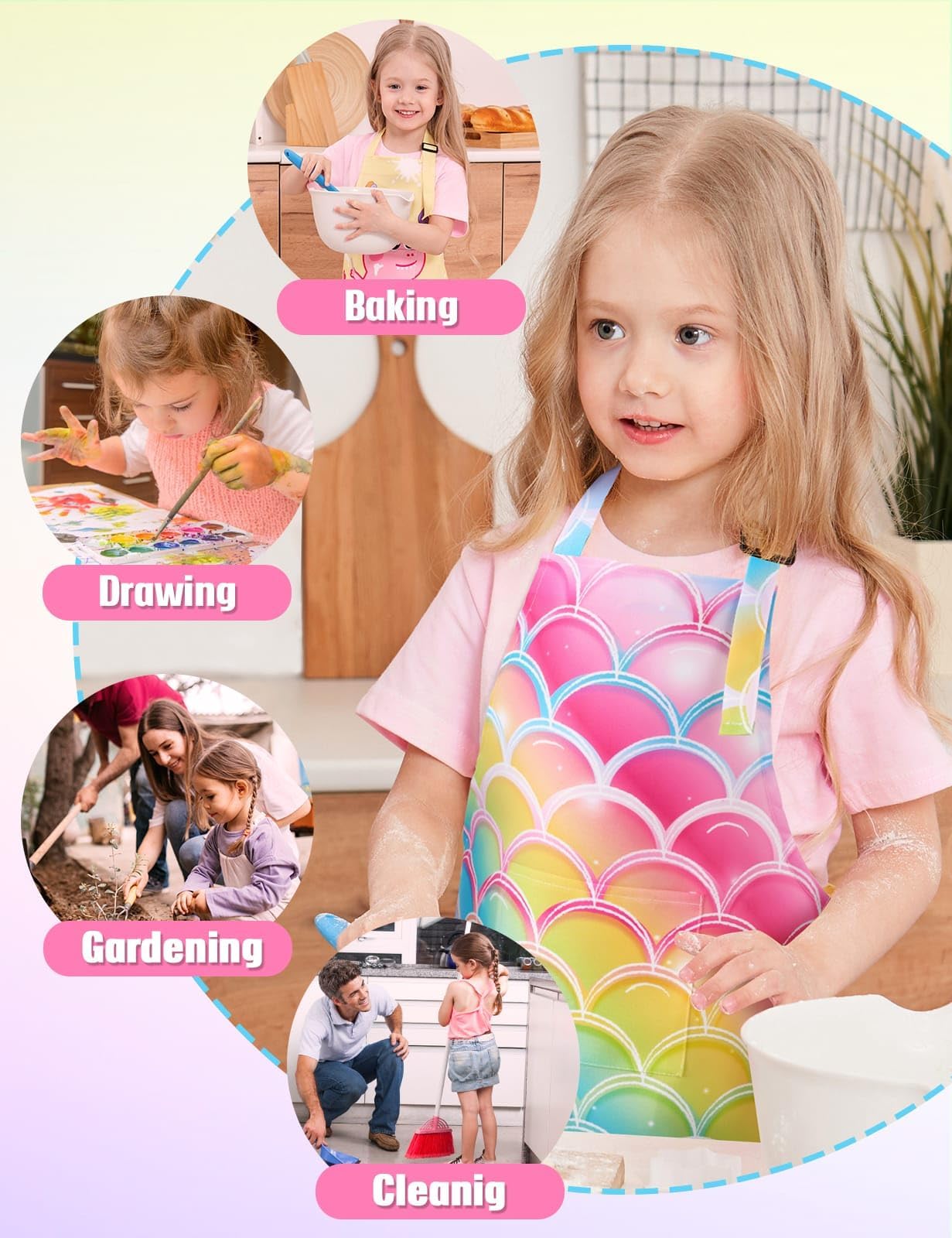 Wernnsai 2 Pack Mermaid Toddler Aprons - Rainbow Kids Art Aprons For Girls Toddler Paint Art Smock Waterproof Cooking Baking Painting Gardening Artist Chef Apron For Kids Age 6-10 Years