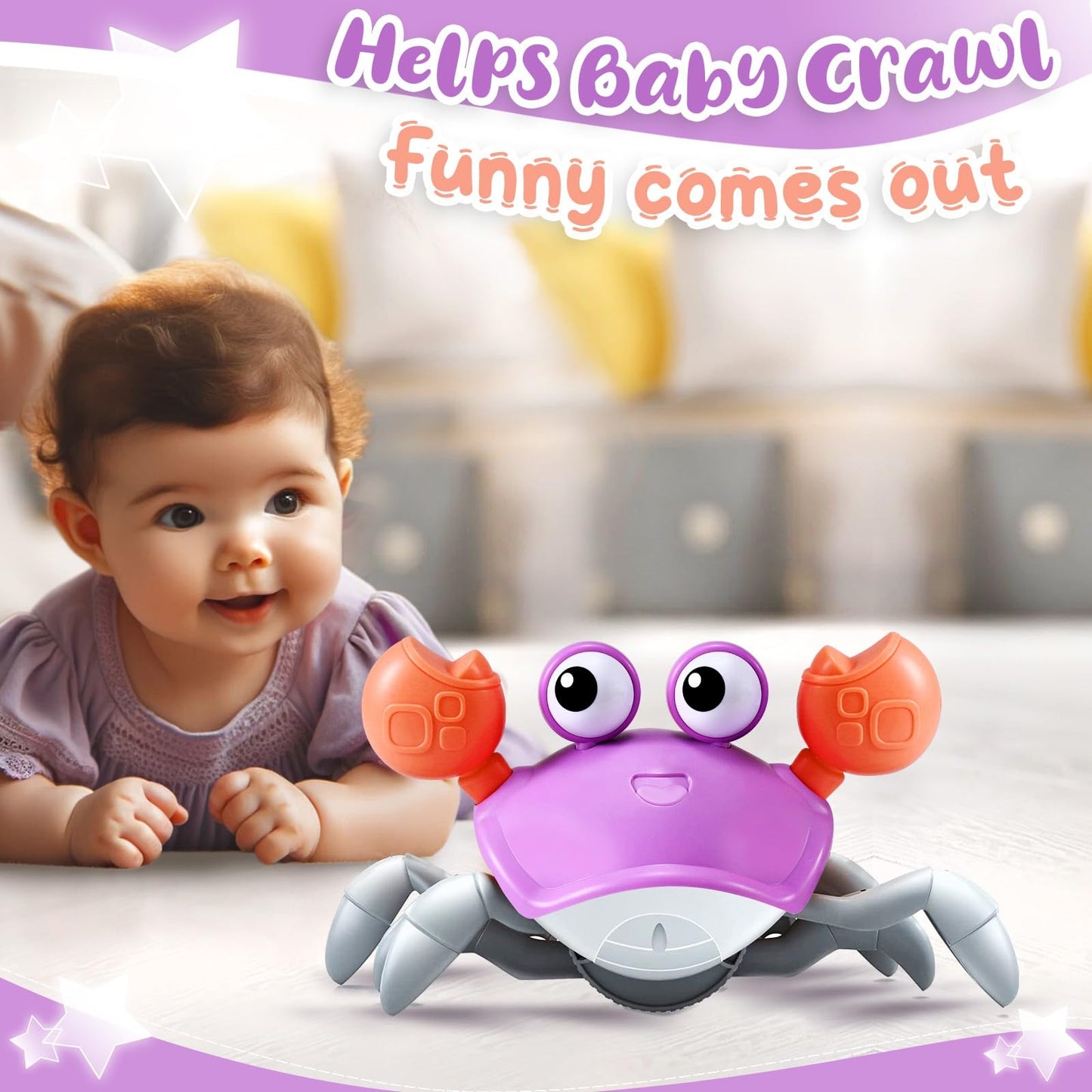 Purple Crawling Crab Baby Toy - Violet Tummy Time Crab Infant Walking Crab Dancing Moving Crawl Crab With Music & Light Cute Interactive Running Escape Catch Me Crab For Crawler Side Walk Toddler Crab