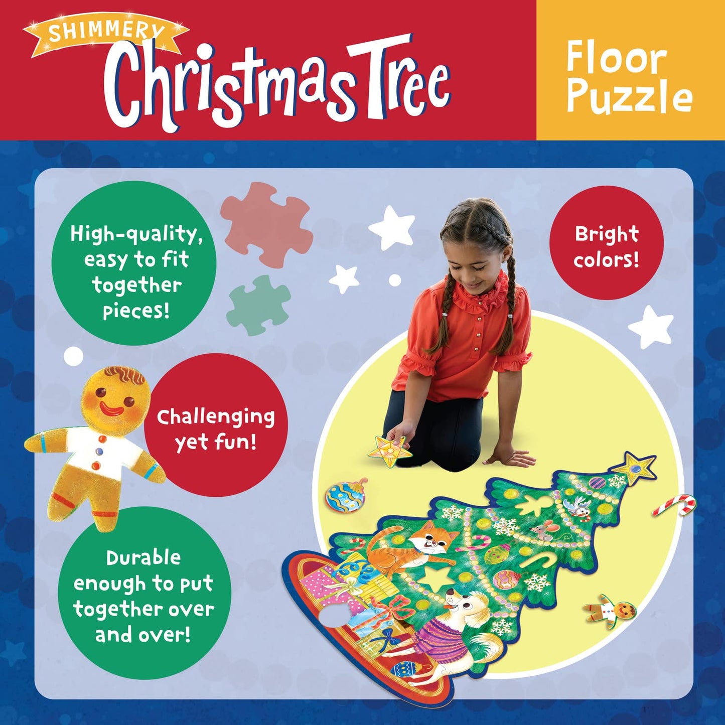 Peaceable Kingdom Shimmery Christmas Tree Floor Puzzle – Giant Floor Puzzle For Kids Ages 3 & Up – Fun-Shaped Puzzle Pieces – Great For Classrooms