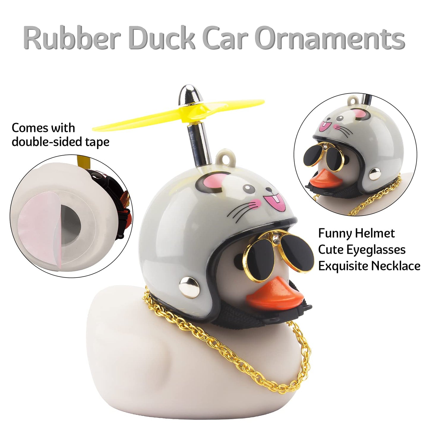 Wonuu Rubber Duck Toy Car Decoration Ornaments Dashboard Decorations Cool Glasses Duck With Propeller Helmet (Grey-Mouse)