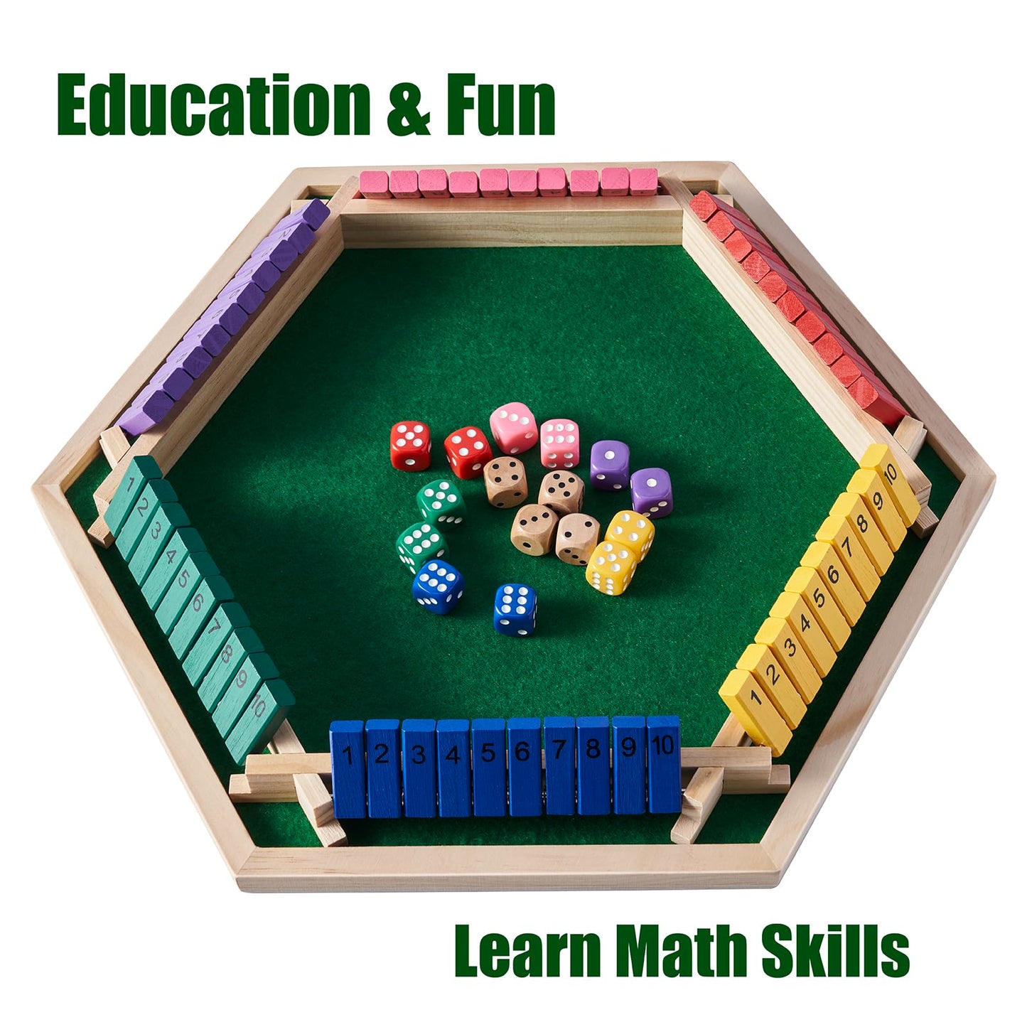 Vamslove Shut The Box Game For 6 Player With 12+4 Dice - Colorful 6 Sided Wooden Board Math Number Games For Kids Adults Families Party Club (Instructions Included)