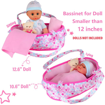 Young Buds Baby Doll Cradle Bassinet Portable Doll Carrier Carry Bag Doll Bed,Doll Accessories Playset,with Doll Clothes Soft Pi